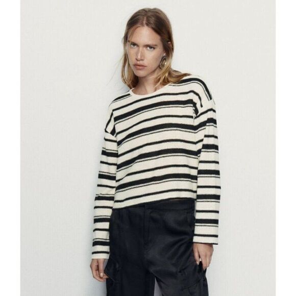 Zara Womens Rustic Sweater S Black White Striped Knit Pullover 2298/651 NWT - Picture 1 of 11